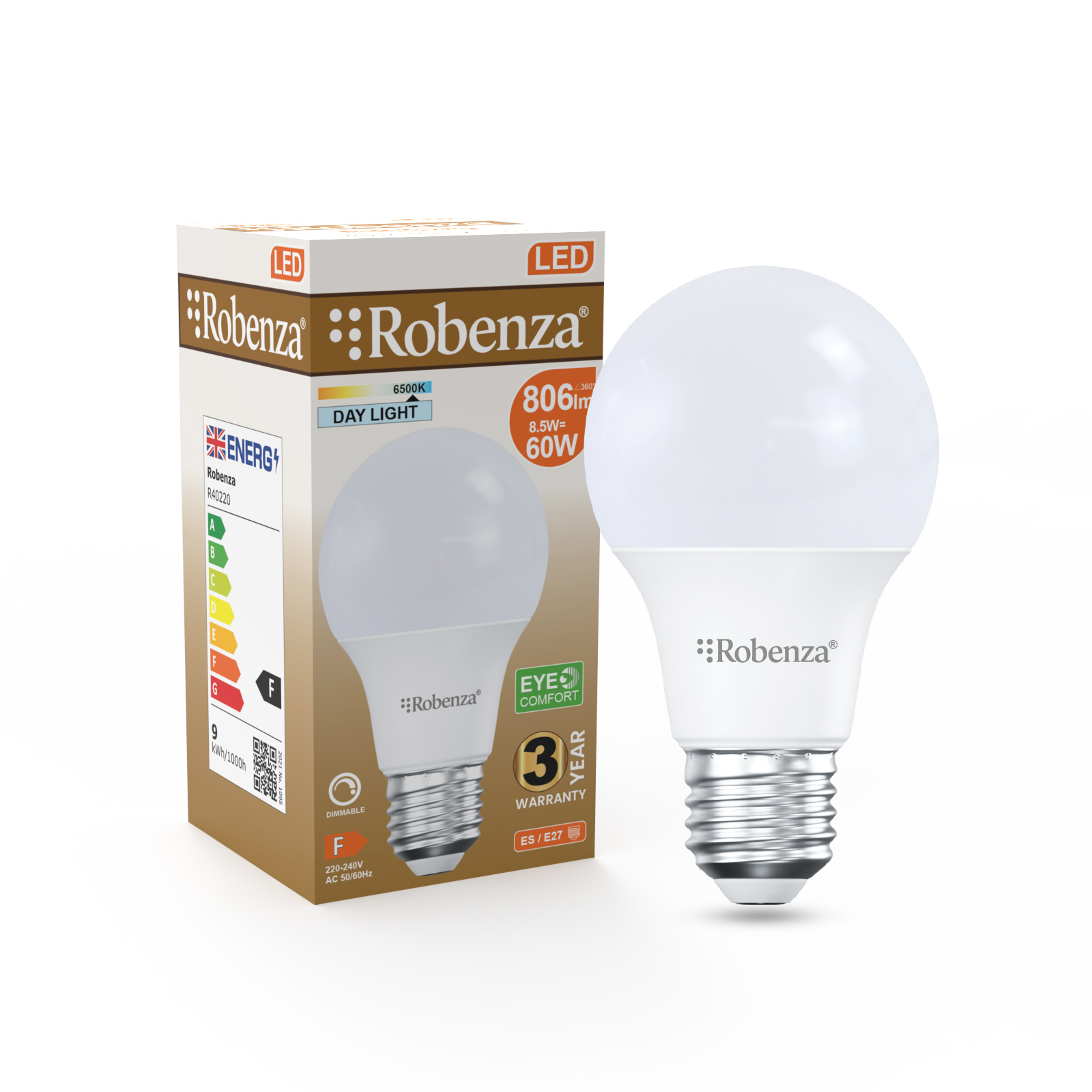 Led Gls Dimmable Bulbs, E27, 8.5W=60W, 806Lm, 6500K 1 Led Gls Dimmable Bulbs, E27, 8.5W=60W, 806Lm, 6500K